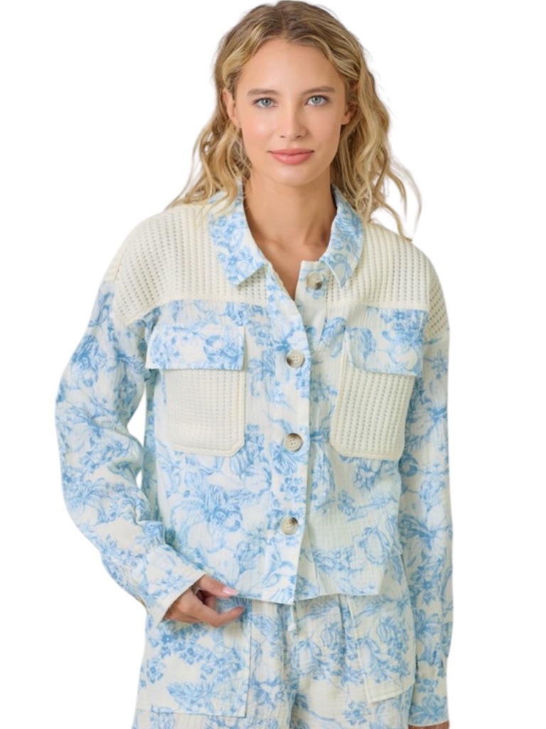 57. Mystree Light Blue Floral Women's Button-Up Jacket And Shorts Full Outfit
